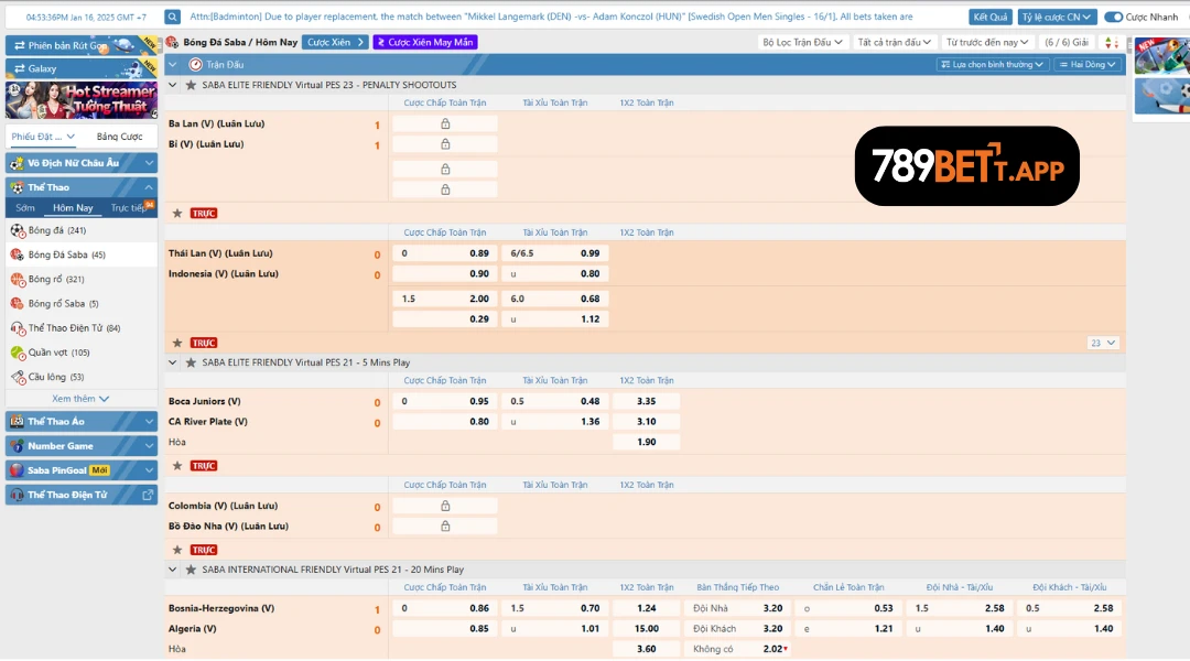 Đa dạng các loại kèo cá cược trên 789BET SABA